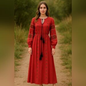 Zara TRF Boho Maxi Dress Red Embroidered Long Sleeve Peasant Ethnic Festival M
